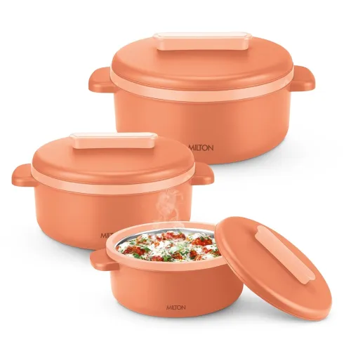 Image of MILTON Micronova Jr. Gift Set Inner Stainless Steel Casserole, Set of 3 (380 ml, 775 ml, 1345 ml), Peach, BPA Free, Food