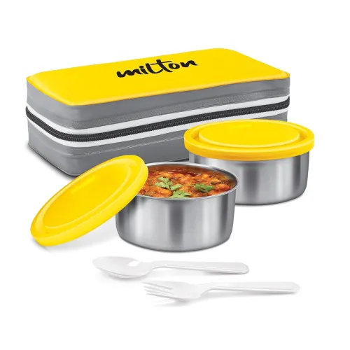 Image of MILTON New Mini Lunch Box with Insulated Bag 2 Containers (2 Stainless Steel 280 ml Each, Spoon & Fork)