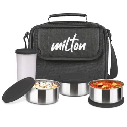 MILTON New Steel Combi Lunch Box with Insulated Fabric Jacket, 3 Stainless Steel Containers 280 ml Each & 1 Plastic Tumb