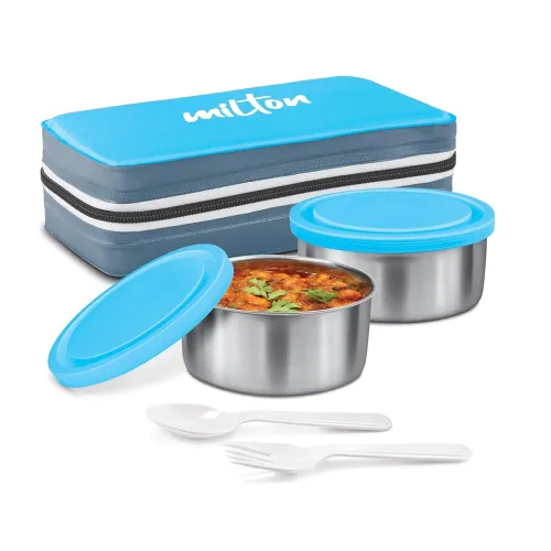 Image of MILTON New Mini Lunch Box with Insulated Fabric Jacket, 2 Containers (2 Stainless Steel 280 ml Each, Spoon & Fork), Leak