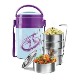 Milton Odyssey Insulated Tiffin, 5 Stainless Steel Containers, 360 ml Each, Blue | PU Insulated | Food Grade | Easy to C