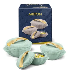 MILTON plastic Oyster Jr. Gift Set PU Insulated Casserole, Set of 3 (455 ml, 860 ml, 1275 ml), Light Green, BPA Free, Food Grade, Hot and Cold, Easy to Carry, Easy to Store, Chapati, Roti, Curd Maker