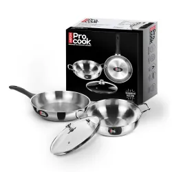 Milton Pro Cook Induction Cookware & Gas Stove Friendly Sandwich Bottom 3 Pc Cookware Set | Stainless Steel Kadhai & Fry Pan with Lid 22 cm | Deep Frying | Sauté | Scratch Resistant | 2Y War...