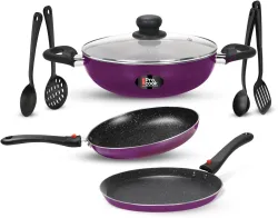 MILTON Pro Cook Kitchen Jewel Plus Granito, Dark Purple Induction Bottom Non-Stick Coated Cookware Set (Aluminium, 7 - P