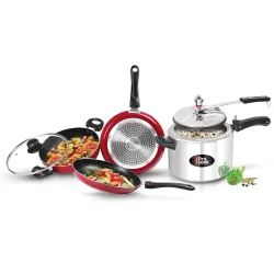 Milton Pro Cook Kitchen Jewel Set of 3 (Fry Pan, Kadhai with Lid, Tawa), Maroon & Aluminium Induction Pressure Cooker (5