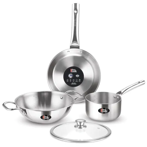 Image of Milton Pro cook Triply Stainless Steel 4 Pc Induction Cookware Set, Tea Pan 16cm, Fry Pan 22cm, Kadai with Glass Lid 24c