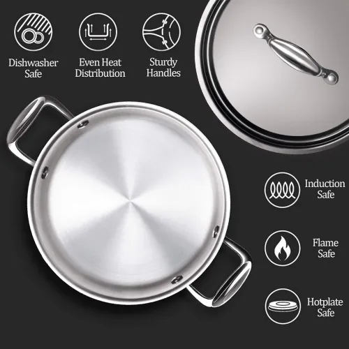 Image of MILTON Pro cook Triply Stainless-Steel Casserole Handi/Stock Pot/Biryani Pot with Lid 20 cm, 3 Litre, Cook-N-Serve Bowl