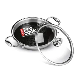 Milton Pro Cook Induction Cookware & Gas Stove Friendly Triply Stainless Steel Honeycomb Mini Kadhai 18cm | GREBLON C3+ Non-Stick Coating | Fast & Even Heating | Metal Spoon Friendly | 3 Yea...