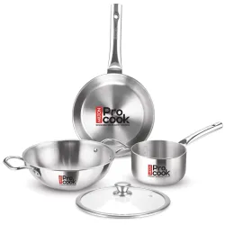 Milton Pro Cook Induction Cookware & Gas Stove Friendly Triply Stainless Steel 4Pc Cookware Set | Tea Pan 16 cm | Fry Pan 22 cm | Kadai with Glass Lid 24 cm | Even & Fast Cooking | 3 Years W...