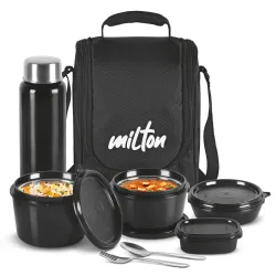 MILTON Pro Lunch Box 3 Steel Containers 750ml Bottle Black