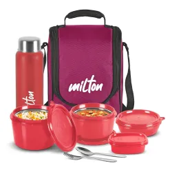 MILTON Pro Lunch Box with Steel Cutlery, 3 Microwave Safe Inner Steel Containers (180 ml, 320 ml, 450 ml), Plastic Chutney Dabba,100 ml, Bottle, 750 ml with Insulated Bag, Office Tiffin, Mar...