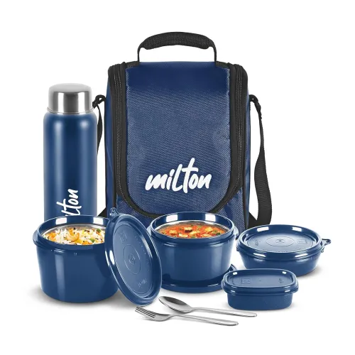 Image of MILTON Pro Lunch Box with Steel Cutlery, 3 Microwave Safe Inner Steel Containers (180 ml, 320 ml, 450 ml), Plastic Chutn