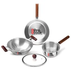 Milton Pro Cook Triply Stainless Steel 4 Pc Cookware Set | 24cm Kadai with Lid, 22cm Frypan, 16cm Tea Pan | Induction & Gas Compatible | Fast Heating | Sturdy Wooden Handle | 3-Year Warranty...