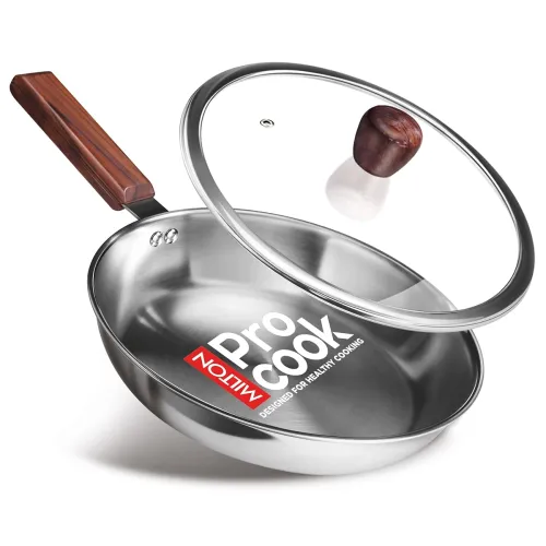 Image of MILTON Pro cook Induction Cookware & Gas Stove Friendly Triply Stainless Steel Fry Pan 26 cm with Glass Lid & Wooden Han