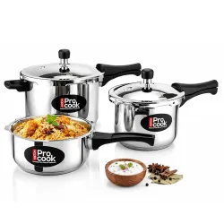 Milton Pro Cook 3-Layer Thick Triply Bottom I Induction & Gas Stove Friendly Stainless Steel Pressure Cooker Combo Set 2, 3, 5 Litre Capacity | Outer Lid | Sandwich Bottom Cookware Set | 5Y....