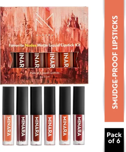Image of MINARA Matte Liquid Lipstick Pack of 6 - Nudes (Brown, 15 ml)