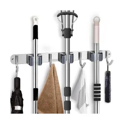 MingSH Broom Mop Holder, Wall Mounted Heavy Duty Stainless Steel Storage Rack Organization Tools, Kitchen Garden Garage Or Bathroom And (3 Clip 4 Hook)