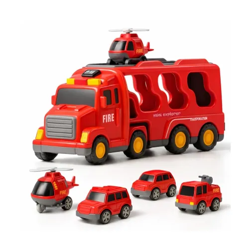 Image of Mini Explorer 5-in-1 Fire Truck Toy Set for Kids | Fire Car Carrier Vehicle with Lights & Sound | Emergency Rescue Trans