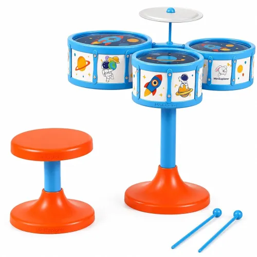 Image of MiniExplorer Jazz Drum Set for Kids | Musical Toy Set with 3 Drums, 1 Cymbal, Drumsticks & Stool | Durable Plastic Learn