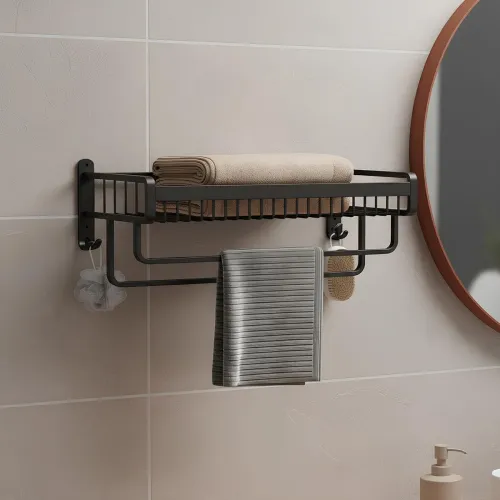 Image of MIORAH Premium Aluminum Folding Towel Rack in Bathroom, Towel Rod for Bathroom with Hooks and Hangers, Towel Holder in B