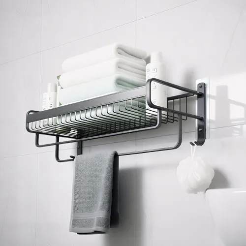 Image of MIORAH Premium Aluminum Folding Towel Rack in Bathroom, Towel Rod for Bathroom with Hooks and Hangers, Towel Holder in B