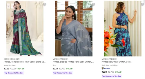 Image of Mirchi Fashion Women's Sarees upto 92% Discount