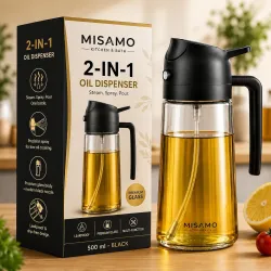 Misamo Enterprise 2-in-1 Oil Dispenser & Sprayer for Kitchen, 500ml, Black | 2-in-1 design delivers a fine mist spray or