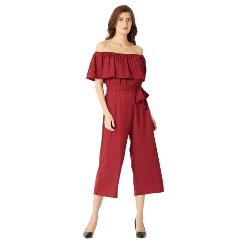 Image of Miss Chase Women's Blue Off-Shoulder Ruffled Midi Jumpsuit