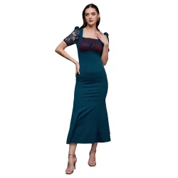 Miss Chase Womens Bodycon Square Puff Sleeve Solid Lace Overlaid Ankle Length Dress