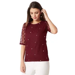 Miss Chase Womens Maroon Lace Pearl Top