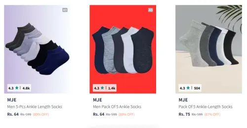 Image of MJE Men Pack5 Ankle Length Socks Starting @ ₹64