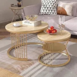 Modern Nested Coffee Table Set of 2 | Round Marble Finish Tabletop with Metal Base | Luxury Center Table for Living Room, Lounge & Office (Cream Gold)
