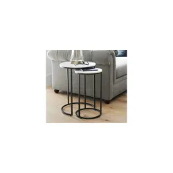 Modern Nesting Side Tables with White Marble Top & Black Metal Frame Stylish & Space-Saving Accent Tables for Living Room Bedroom or Office Set of 2 (Black & White)