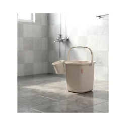 Modware Square Ribbon Plastic Bucket Set with Mug | 25L Brown Bathroom Bucket with Handle + 1.5L Mug | Heavy-Duty Polypropylene + Co-Polymer | Stylish & Durable Bath Set (Cream 25 L)