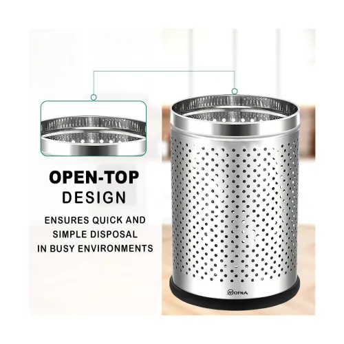 Image of Mofna Stainless Steel Perforated Dustbin for Home, Trash Can with Anti-skid Base, Garbage Bin for Bathroom, Office, Bedr
