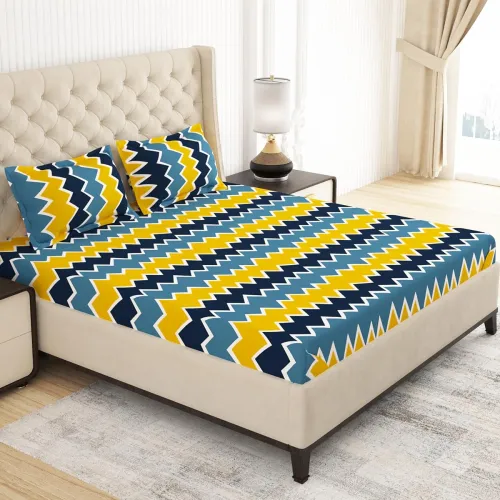 Image of MollisHomes Double Bedsheet Set - Blue & Yellow Chevron