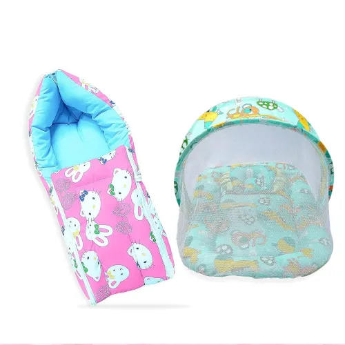 Image of MOM & Son Baby Bedding Set Mattress with Net & Baby Sleeping Bag (0-3 Months) (Pink Kitty & Green)
