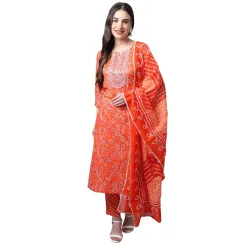Monira Womens Pure Cambric Cotton Jaipuri Printed & Embroidered Kurta Set With Dupatta (MONVL288-Orange)