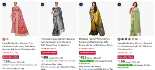 Image of Monjolika Women's Saree at minimum 90% Discount
