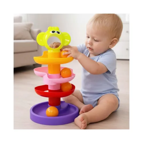 Image of Monkey Ball Drop Toy for Babies & Toddlers, 3 Layer Roll Ball Tower Run with Swirling Ramps & 3 Rattle Balls, Non-Toxic 