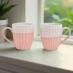 Moon Dust Pink & White Stripped Ceramic, Stoneware Coffee Mug (300 ml, Pack of 2)