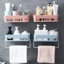 MorivaHomes Self-Adhesive Bathroom Shelf Organizer No Drilling Bathroom Shelves with Towel Hanger (White, 4 Bathroom Shelf + 2 Towel Hanger), Plastic