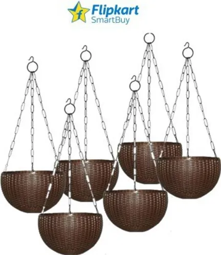 Image of MorningVale Woven Design Hanging Euro Basket Planters Indoor Outdoor  Plant Container Set  (Pack of 6, Plastic)