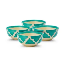Moroccan Print Green Ceramic Bowl Set of 4, Microwave & Dishwasher Safe, Multipurpose for Serving Pasta, Maggi
