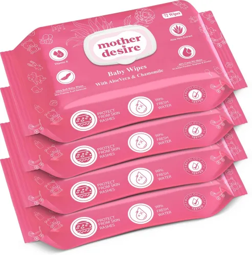 Image of Mother Desire Baby Wipes With Lid, 99% Pure Water, Aloevera, Chamomile, pH Balanced, Pack Of 4 (288 Wipes)