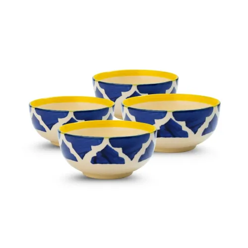 Image of Motka Moroccan Print Blue Ceramic Bowl Set of 4 (200ml Each)