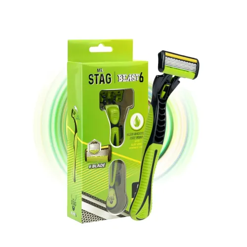 Image of Mr. Stag Beast 6-Edge Razor for Men with 1 Handle & 2 Cartridges, Aloe Vera & Vitamin E Lubrication Strip, Stainless Ste