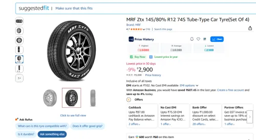 Image of MRF Ztx 145 / 80% R12 74S Tube-Type Car Tyre (Set Of 4)