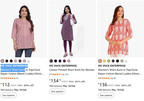 Image of MS VHCK ENTERPRISE Women's Short Kurti starting from ₹112