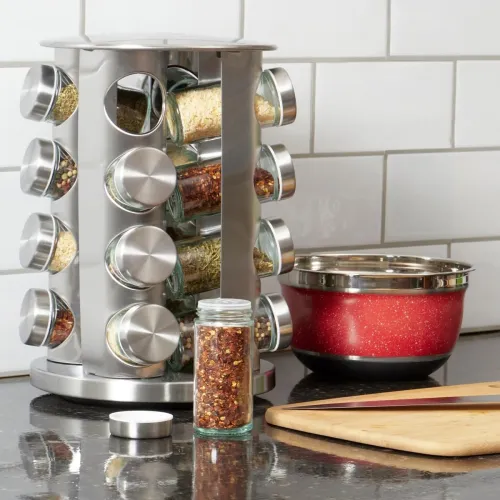 Image of MUGATH Stainless Steel Revolving 16 Jar Spice Rack | Carousel Rack With Brushed Silver Finish | Contemporary Rotating Or